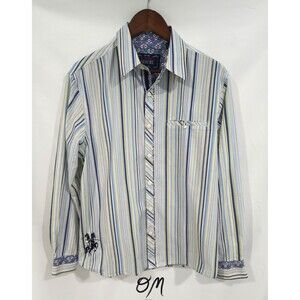 Mens English Heroes Long Sleeve Blue Green Striped Button Down Shirt - Size L